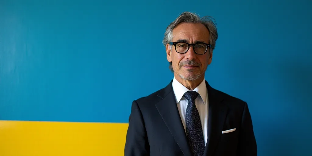 a man in a suit and tie standing in front of a blue background with a yellow border and a black and