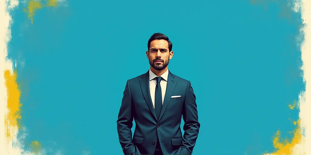 a man in a suit and tie standing in front of a blue background with a white and yellow border, Carlo