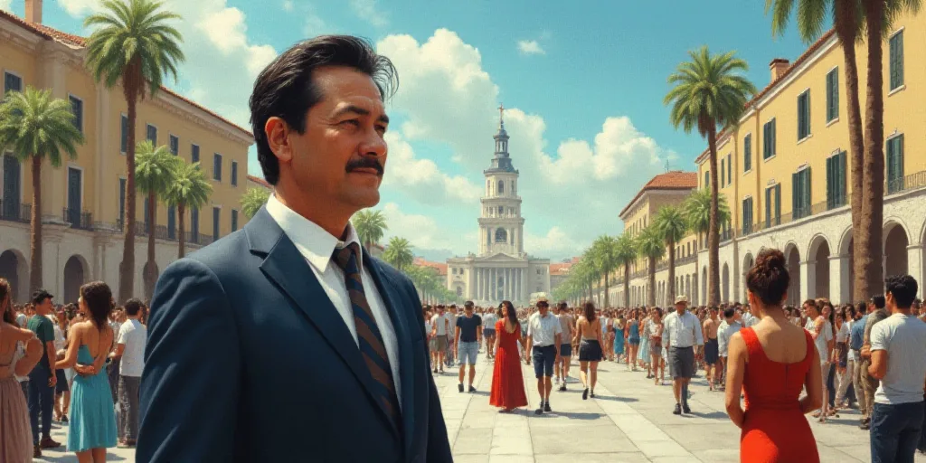 a man in a suit and tie standing next to a crowd of people in a city square with palm trees, Carlos