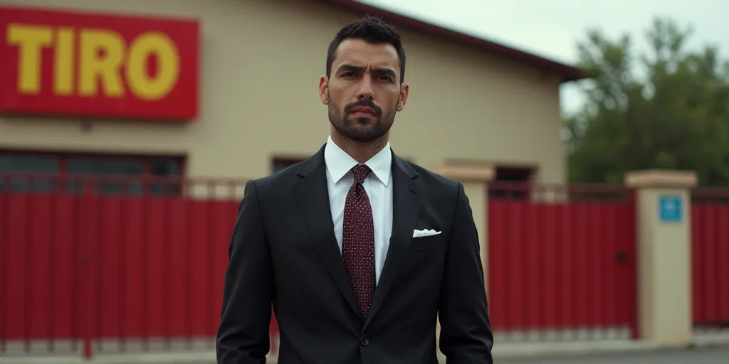 a man in a suit and tie standing in front of a building with a red fence and a red and yellow sign,