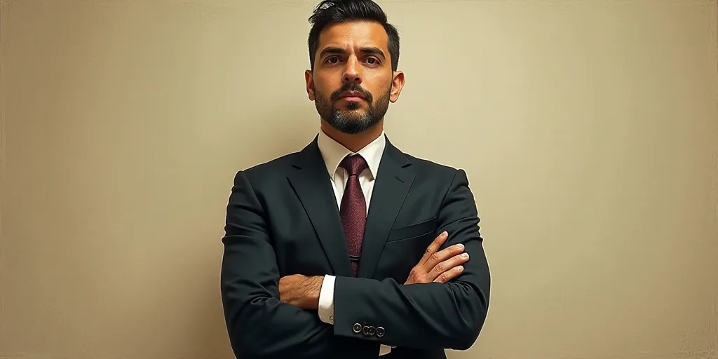 a man in a suit and tie standing with his arms crossed in front of him, with the caption of a photo