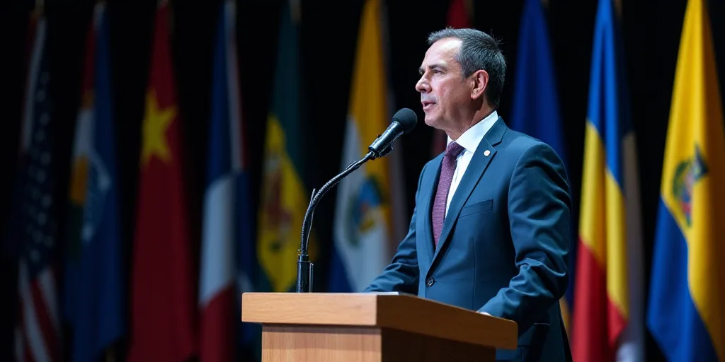 a man in a suit and tie standing at a podium with a microphone in front of him and flags behind him,