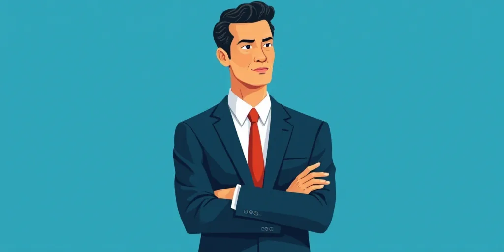 a man in a suit and tie standing with his arms crossed in front of him, with a blue background, Carl