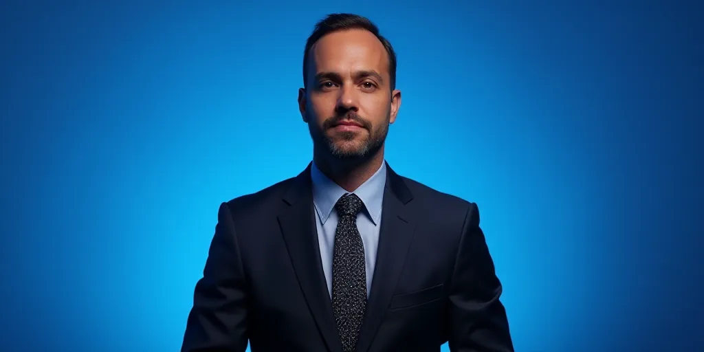a man in a suit and tie standing in front of a blue background with a caption that reads miguel gonz