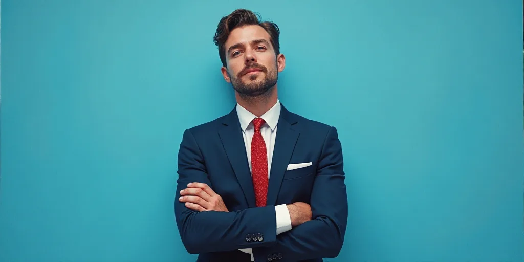 a man in a suit and tie standing with his arms crossed in front of him with a blue background, Anton