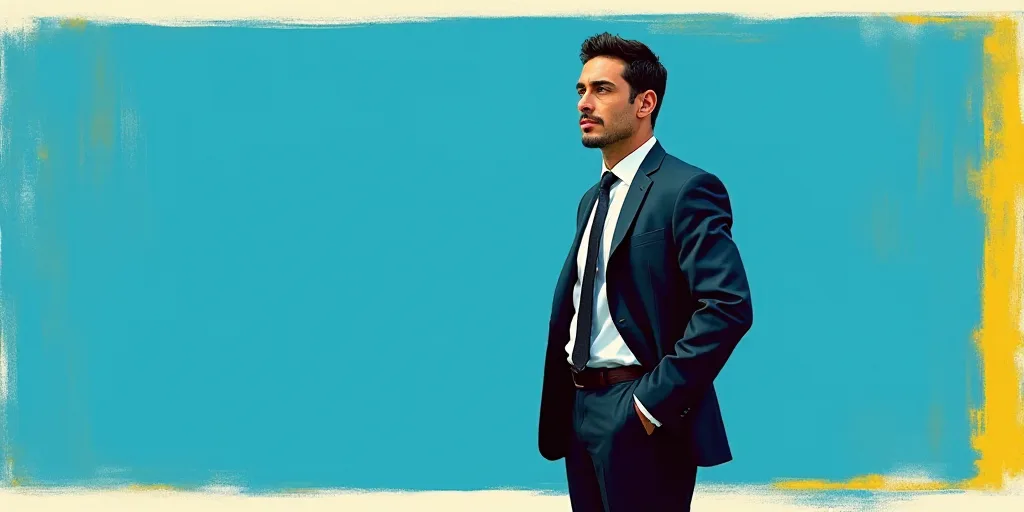 a man in a suit and tie standing in front of a blue background with a white and yellow border, Carlo