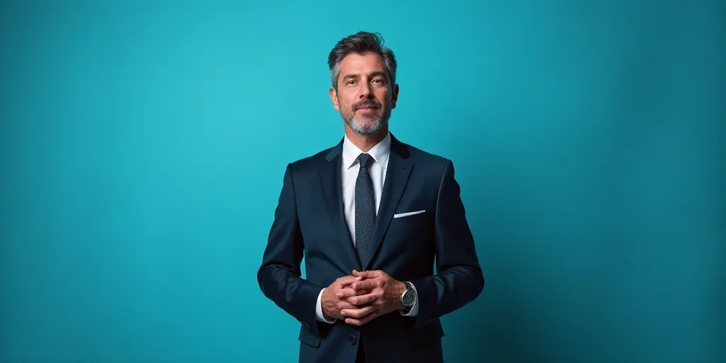 a man in a suit and tie standing in front of a blue background with a black and white photo, Alejand