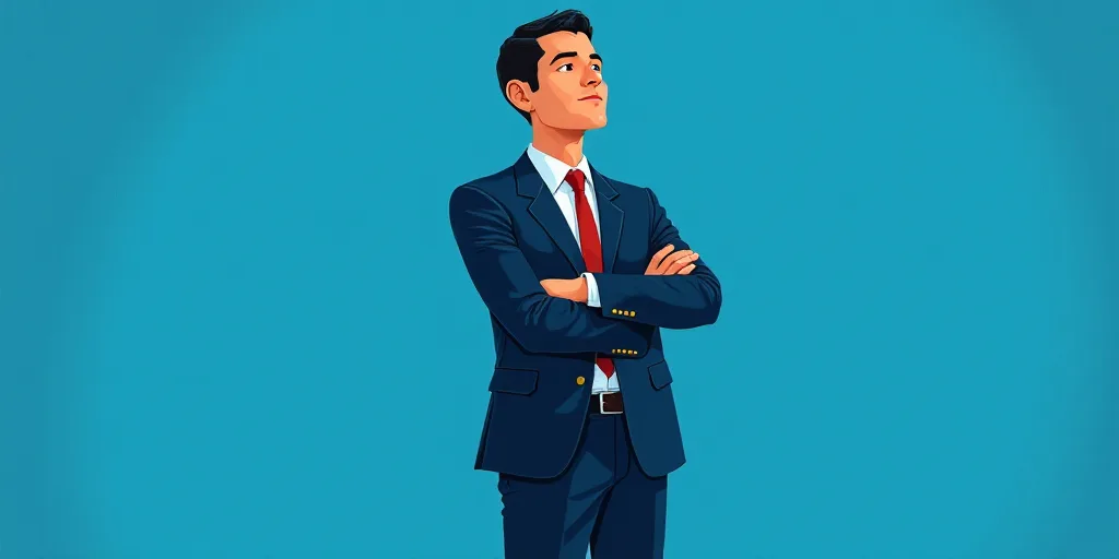 a man in a suit and tie standing with his arms crossed in front of him, with a blue background, Carl