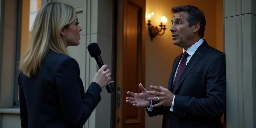 a man in a suit and tie talking to a reporter in a doorway of a building with a door open, Ei-Q, vfx