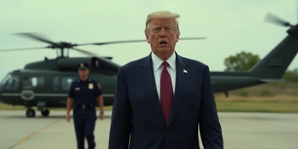 a man in a suit and tie walking towards a helicopter with a man in uniform in the background and a h