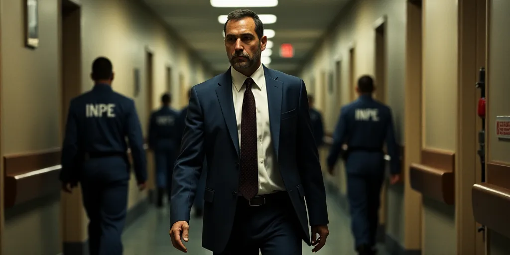 a man in a suit and tie walking through a hallway with other men in uniform behind him and a sign th