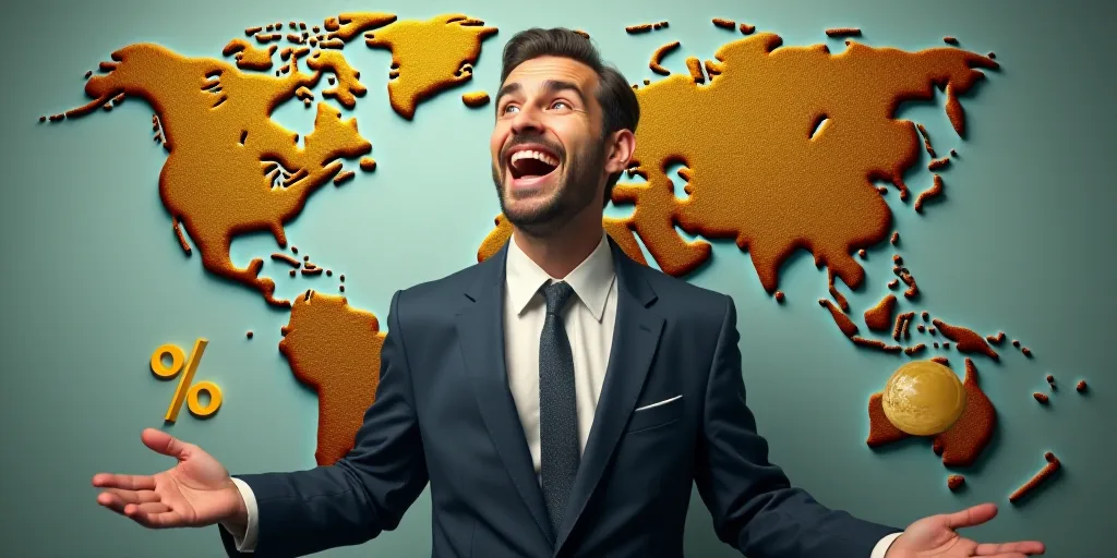a man in a suit and tie with a percentage sign over a map of the world with money falling from it, A