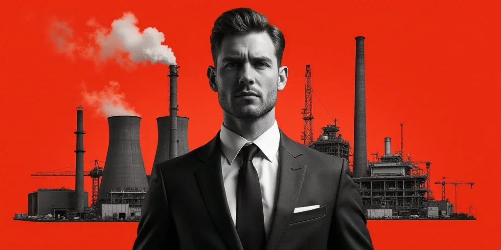 a man in a suit and tie with a red background and a collage of images of a factory, Andries Stock, h