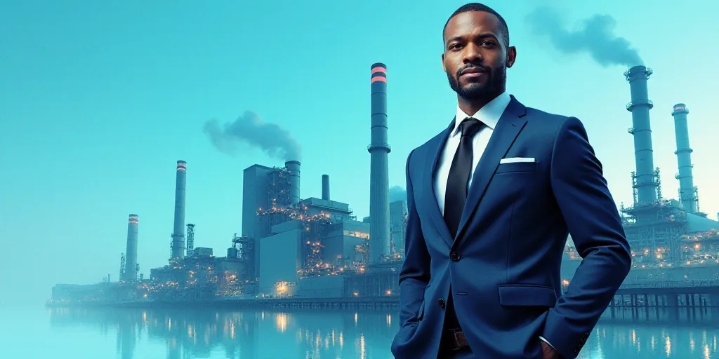 a man in a suit and tie with a picture of a factory behind him and a blue background with a white ba