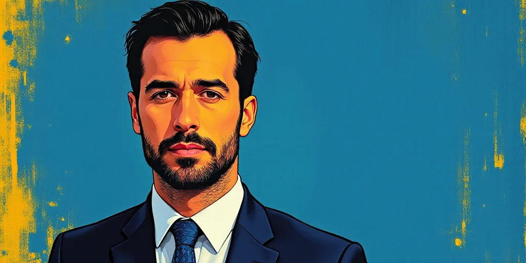 a man in a suit and tie with a blue background and a yellow border around him is a business card wit