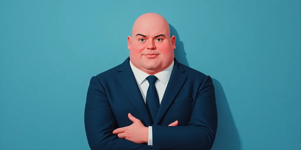 a man in a suit and tie with his arms crossed and his arms crossed, with a blue background, Fernando