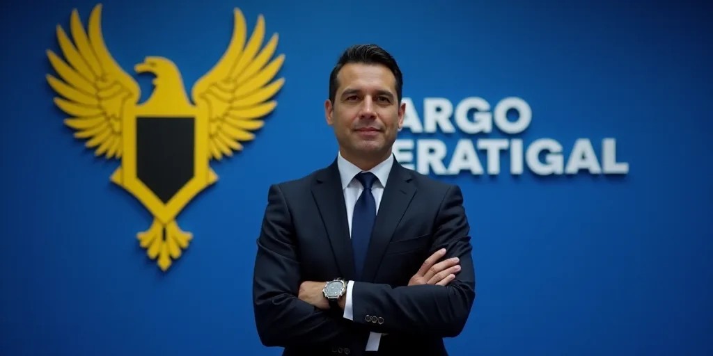 a man in a suit and tie with his arms crossed and a blue background with a yellow and black logo, Ca