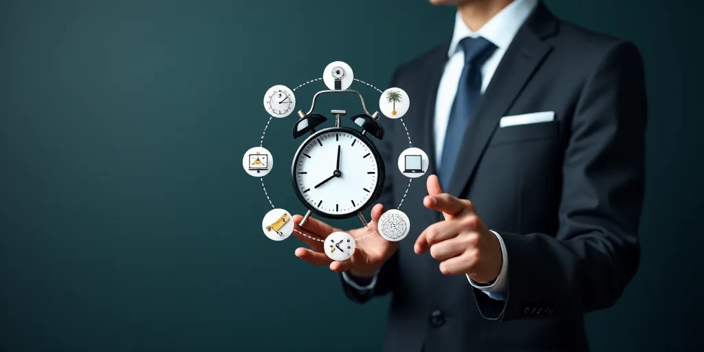 a man in a suit holding a clock with icons around him and a hand pointing at it with both hands, Ai-