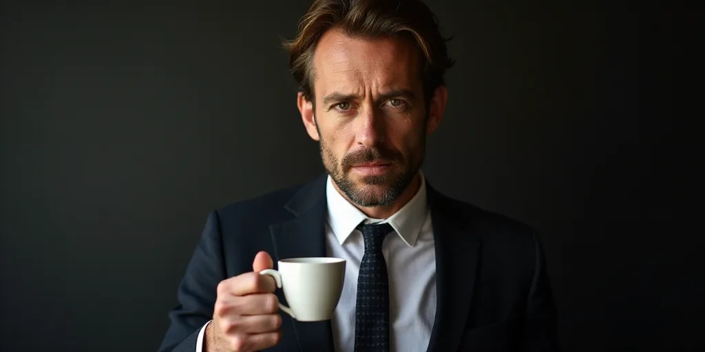a man in a suit holding a glass of coffee in his hand and looking at the camera with a serious look
