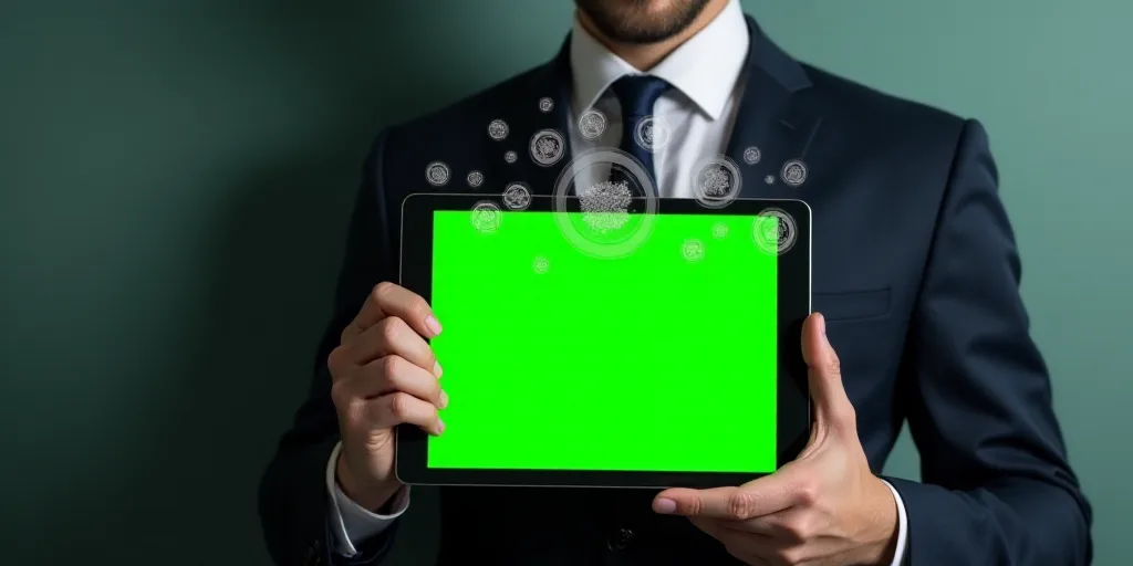 a man in a suit holding a tablet with a green screen on it and icons coming out of it, Andries Stock