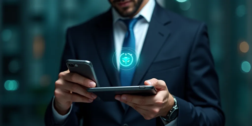 a man in a suit holding a tablet with a symbol on it and a person in a suit holding a phone, Allen T
