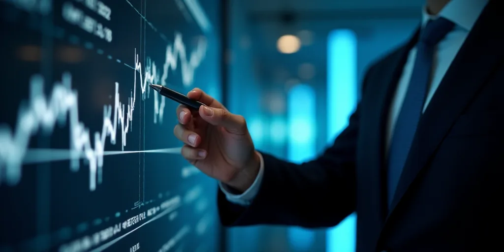 a man in a suit is drawing a graph on a screen with his hands and a pen in his other hand, Andries S