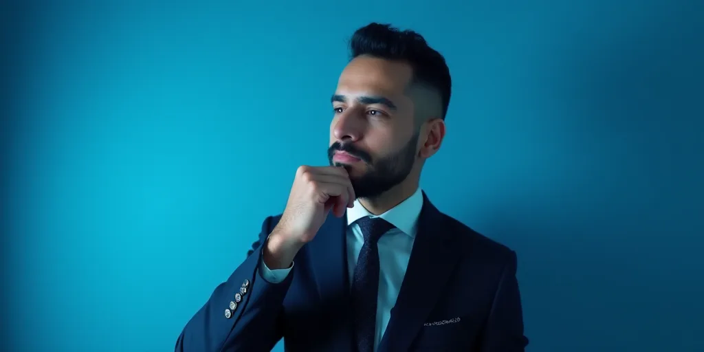 a man in a suit is posing for a picture with his chin resting on his hand, with a blue background, A
