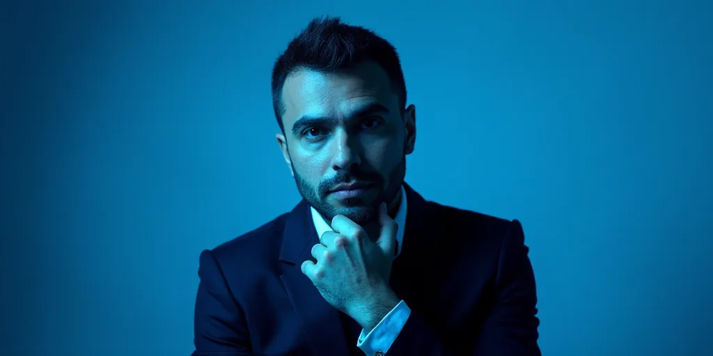 a man in a suit is posing for a picture with his chin resting on his hand, with a blue background, A