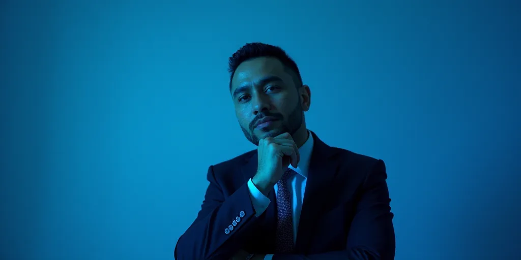 a man in a suit is posing for a picture with his chin resting on his hand, with a blue background, A