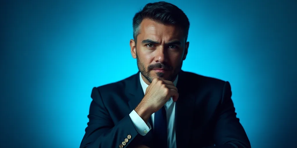 a man in a suit is posing for a picture with his chin resting on his hand, with a blue background, A