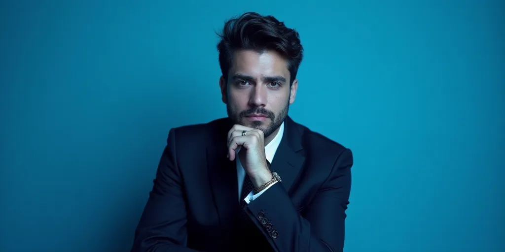 a man in a suit is posing for a picture with his chin resting on his hand, with a blue background, A