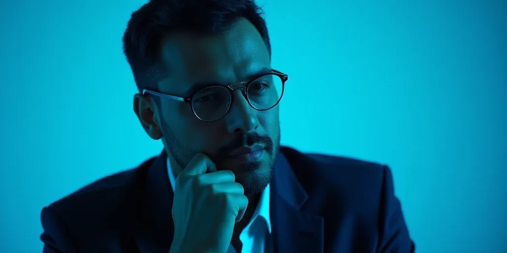 a man in a suit is posing for a picture with his chin resting on his hand, with a blue background, A