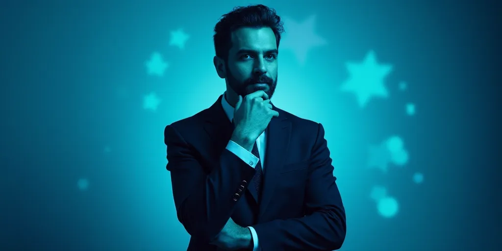 a man in a suit is posing for a picture with his chin resting on his hand, with a blue background, A