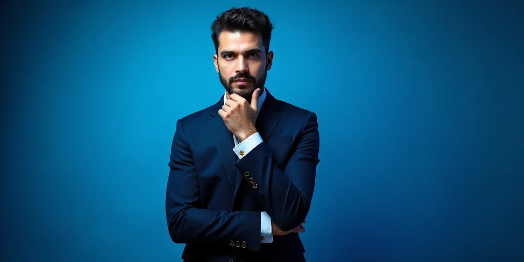 a man in a suit is posing for a picture with his chin resting on his hand, with a blue background, A