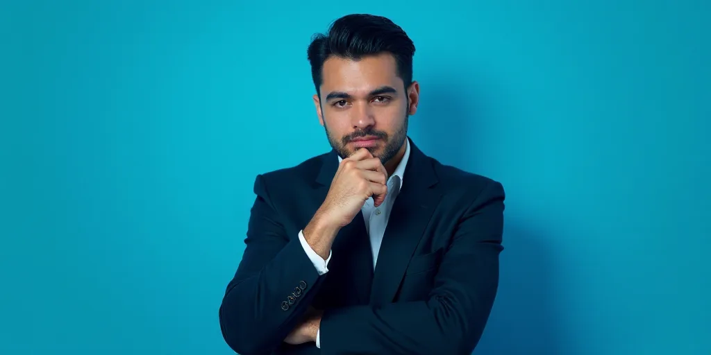 a man in a suit is posing for a picture with his chin resting on his hand, with a blue background, A