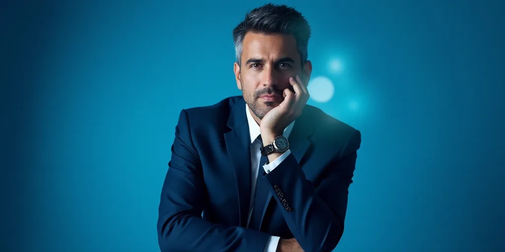 a man in a suit is posing for a picture with his chin resting on his hand, with a blue background, A