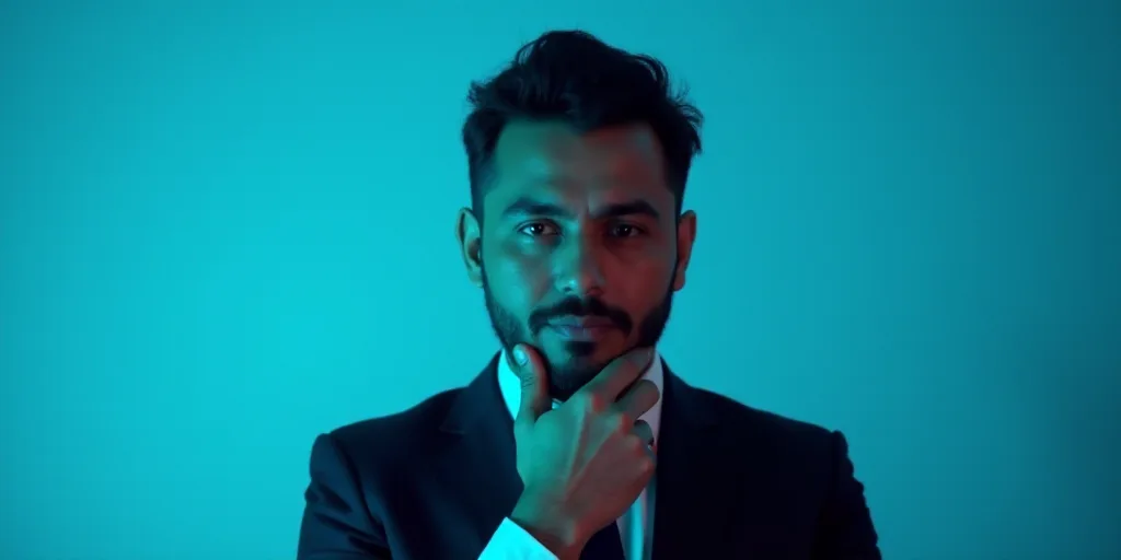 a man in a suit is posing for a picture with his chin resting on his hand, with a blue background, A