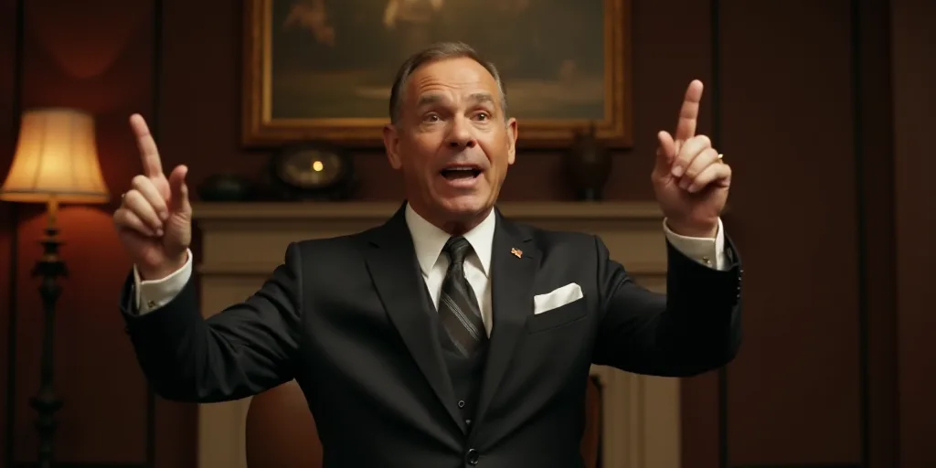 a man in a suit pointing at something with his finger in the air and a fireplace in the background,