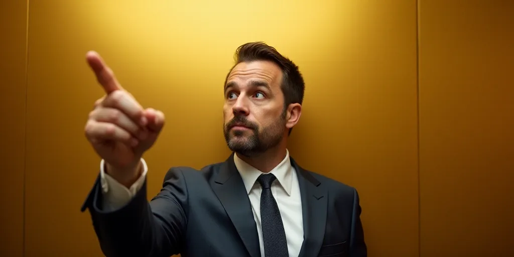 a man in a suit pointing at something with his finger in the air and a gold wall behind him, Donald