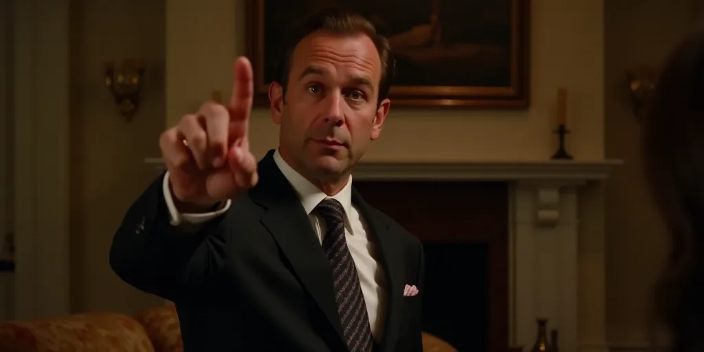 a man in a suit pointing at something with his finger in the air and a fireplace in the background,