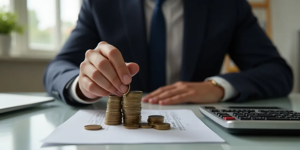 a man in a suit putting money into a stack of coins next to a calculator and a calculator, Andries S