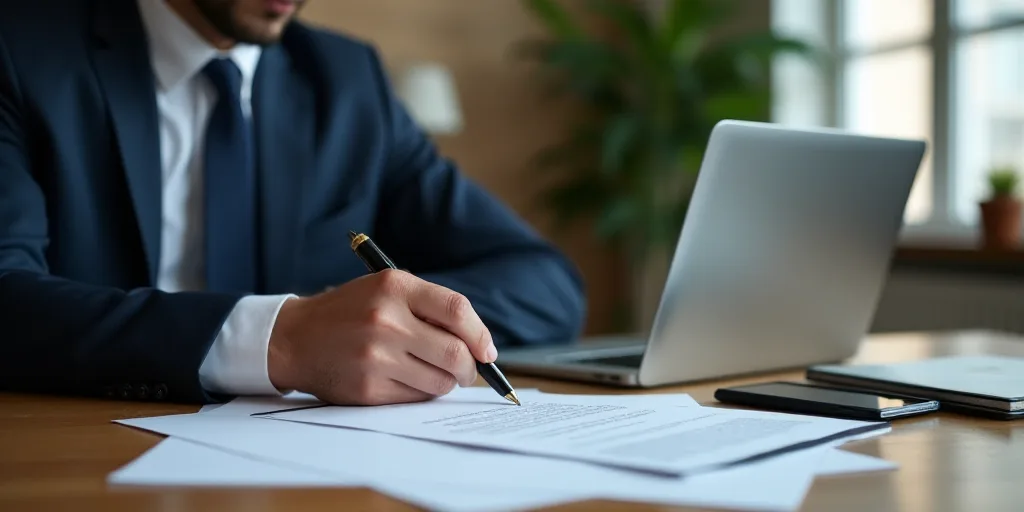 a man in a suit signing a document in front of a desk with a laptop and other items on it, Donald Ro