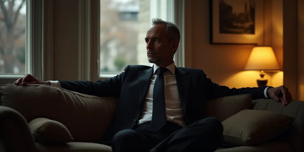 a man in a suit sitting on a couch in a living room with a window behind him and a lamp on the side,