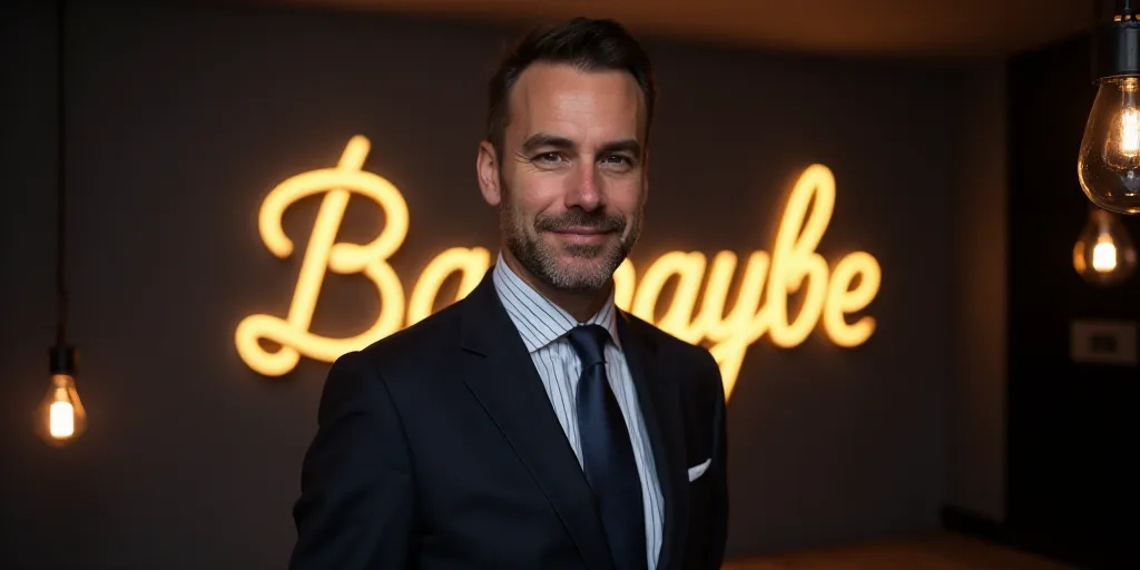 a man in a suit standing in front of a ba baye logo on a wall with lights behind him, David Bailly,