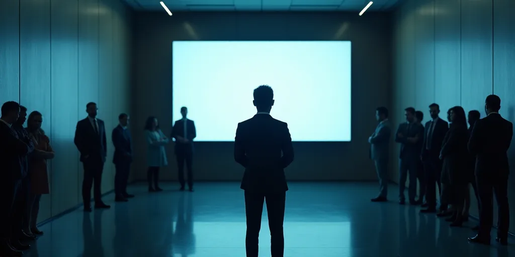 a man in a suit standing in front of a television screen in a building with people standing around i