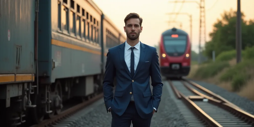 a man in a suit standing on a train track next to a train car and a train track with a train on it,