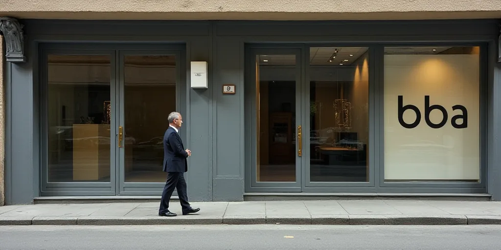 a man in a suit walking past a building with a sign that says b b a on it's front, Carlos Berlanga,