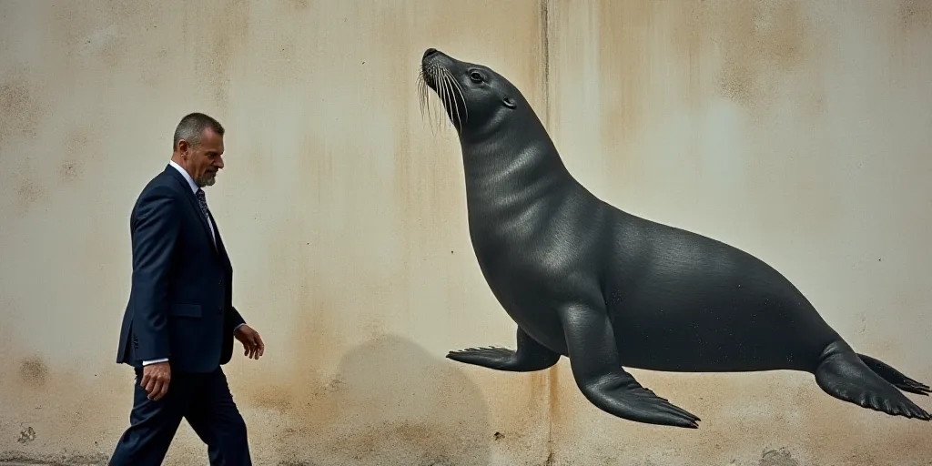 a man in a suit walks past a wall with a seal on it and a seal on the wall, Avgust Černigoj, profes