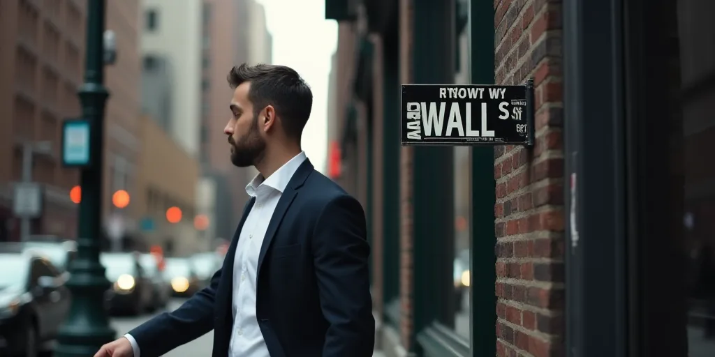 a man in a suit walks past a wall street sign on a building in new york city, new york, Andries Stoc
