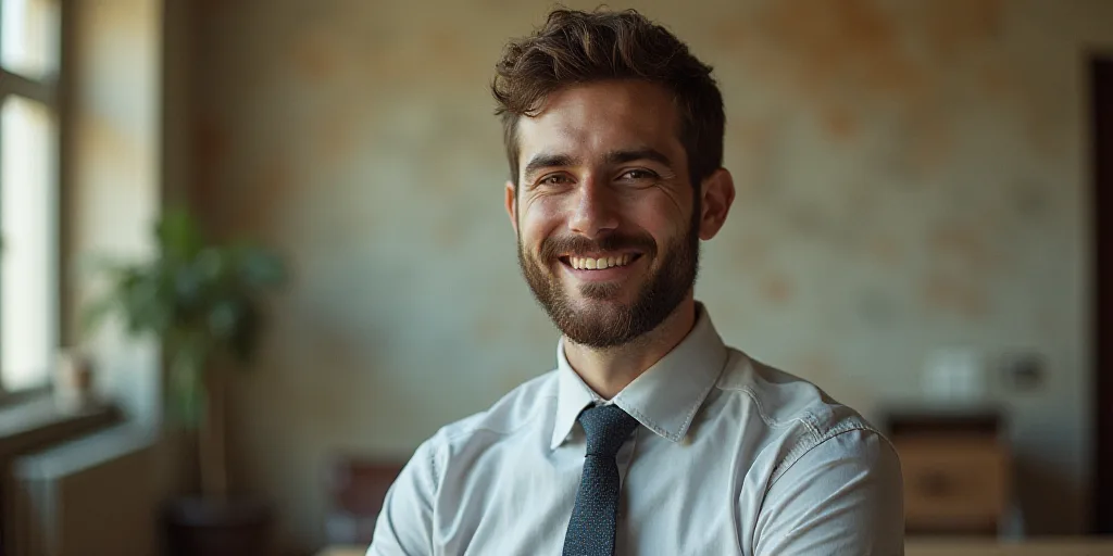 a man in a tie is smiling for the camera with a caption in spanish above him that reads, enrique cam